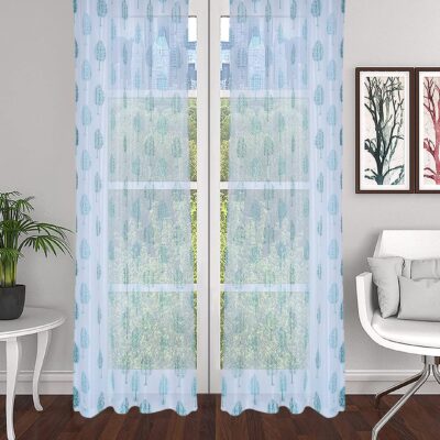 Premium Aqua Tree Design Eyelet Curtains – Set of 2 Lightweight Door Panels