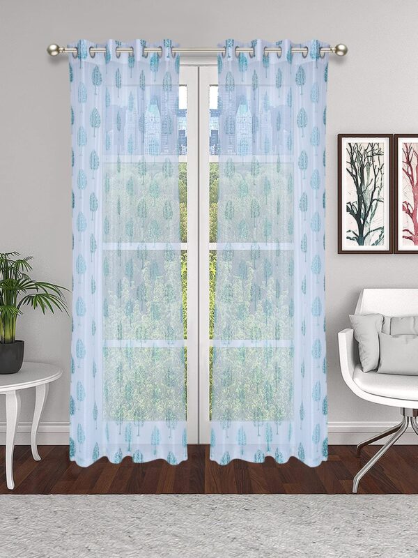 Premium Aqua Tree Design Eyelet Curtains - Set of 2 Lightweight Door Panels