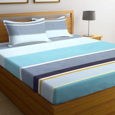 Premium Cotton Double Bedsheets with King Pillow Covers in Light Blue & Grey