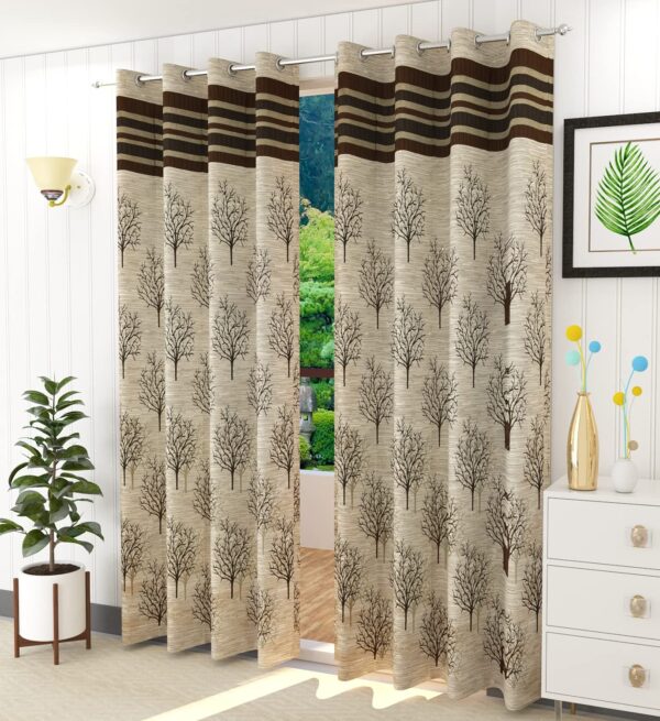 Premium Jacquard Jute Floral Curtains - Room Darkening, 5 Feet, Brown (2-Pack)