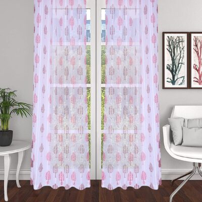 Premium Pink Sheer Door Curtains – 2 Pc Tree Design, 7ft Length