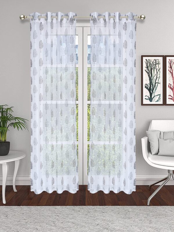 Premium Sheer Coffee Color Eyelet Curtains with Elegant Tree Design - 2 Pcs