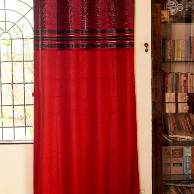 Premium Velvet Long Window Curtain in Red with Leaf Design