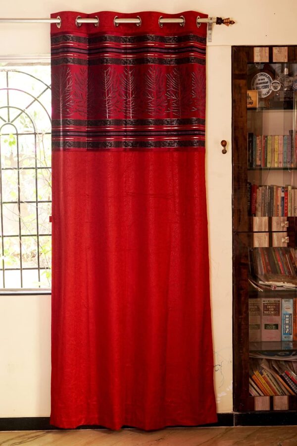 Premium Velvet Long Window Curtain in Red with Leaf Design