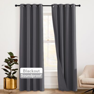 RYB HOME 84-Inch Gray Blackout Curtains – Soundproof & Noise Cancelling Solutions