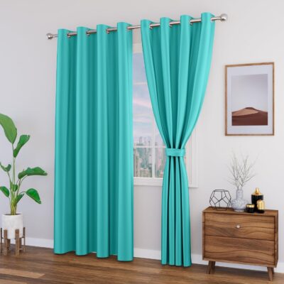 Room Darkening Aqua Blue Blackout Curtain with Tie Back – 5 Feet