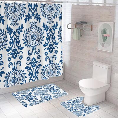 Royal Blue Bathroom Accessories Set: Shower Curtain and Anti-Skid Mats