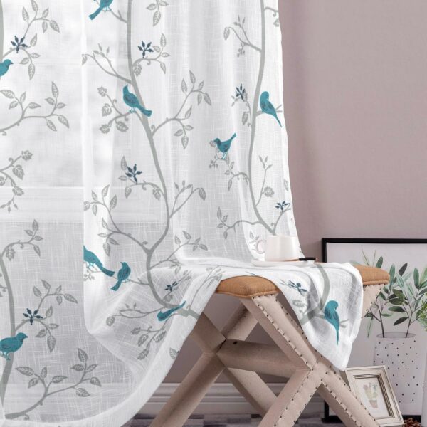 Sheer Bird Print Curtains: Light Filtering Window Decor in Blue Set of 2