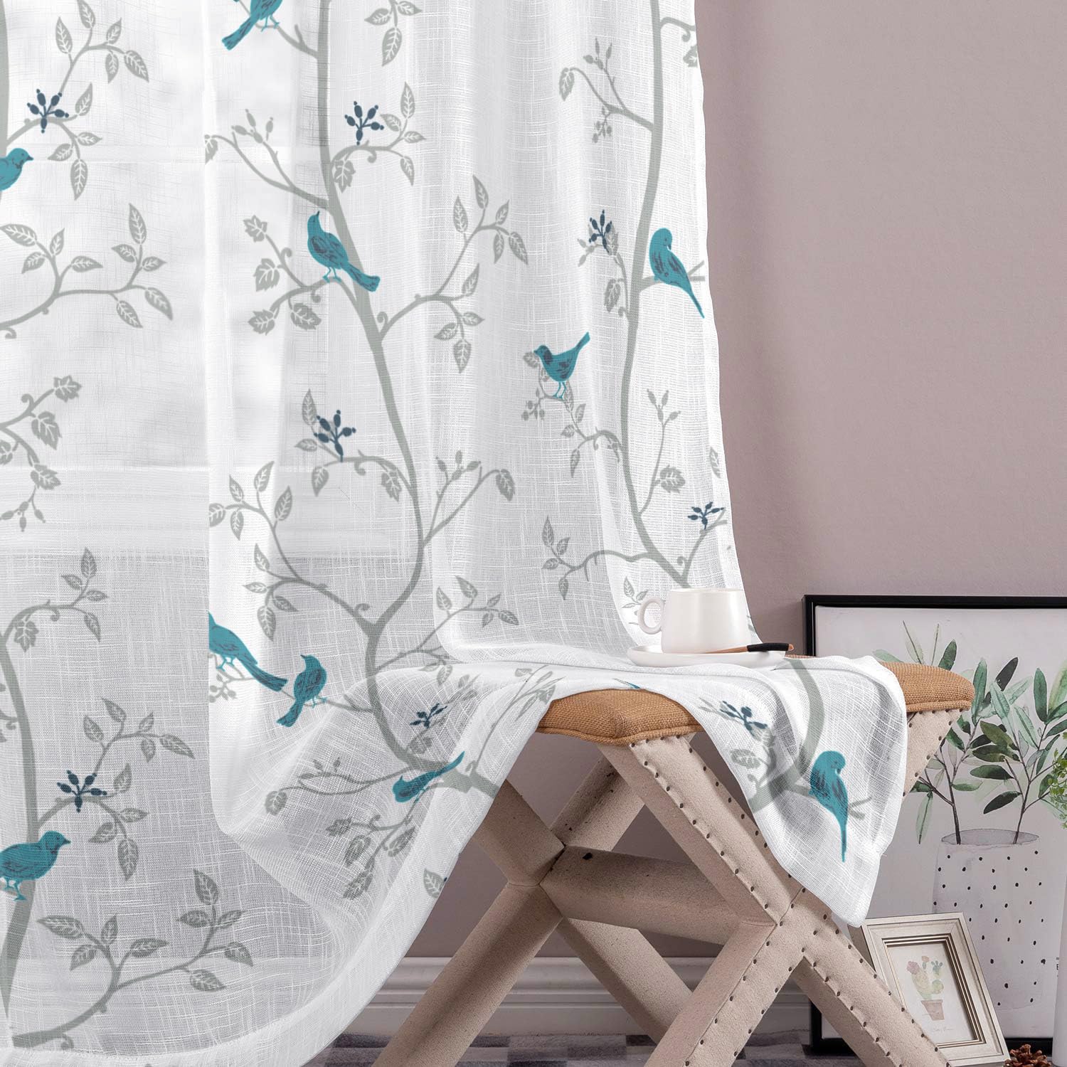 Elegant Sheer Bird Print Curtains: Light Filtering Window Decor in Blue Set