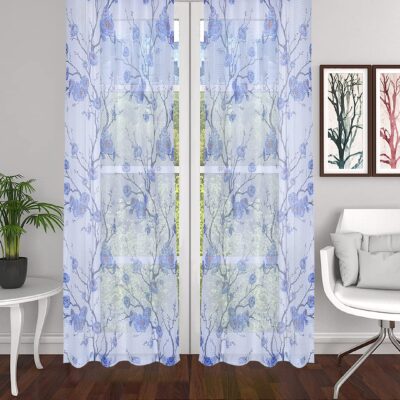 Sheer Blue Floral Eyelet Long Door Curtains – Set of 2 pcs 8ft