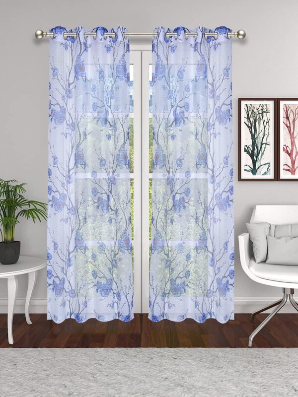 Sheer Blue Floral Eyelet Long Door Curtains - Set of 2 pcs 8ft