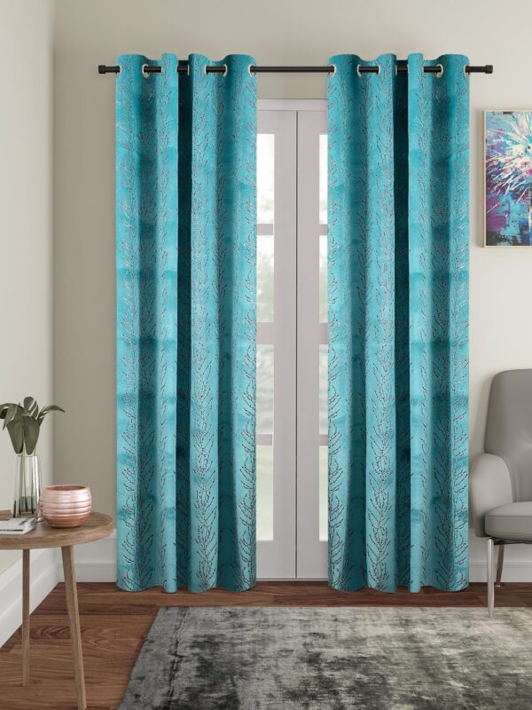 Solimo Blue Velvet Foil Long Door Curtains - 9 Feet, Pack of 2