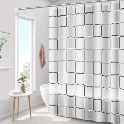 Stylish 7 Feet Black and White Checked Shower Curtain with Hooks Included