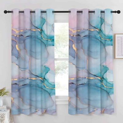 Stylish Aqua Polyester Marble Window Curtains for Living Room and Bedroom