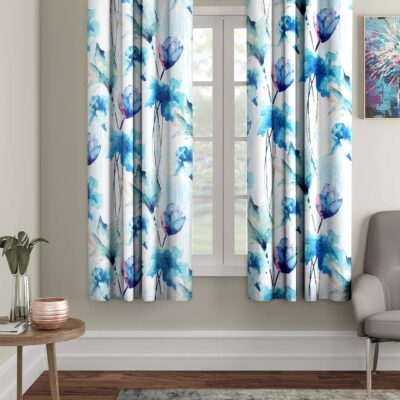 Stylish Blue Abstract Flower Eyelet Curtains for Home Decor – 5 Feet