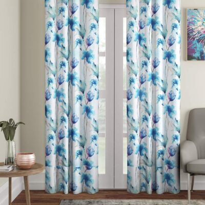 Stylish Blue Abstract Flower Eyelet Door Curtains – 2 Pieces, 7 Feet