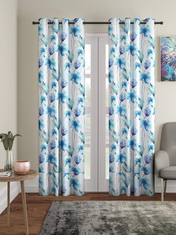 Stylish Blue Abstract Flower Eyelet Door Curtains - 2 Pieces, 7 Feet