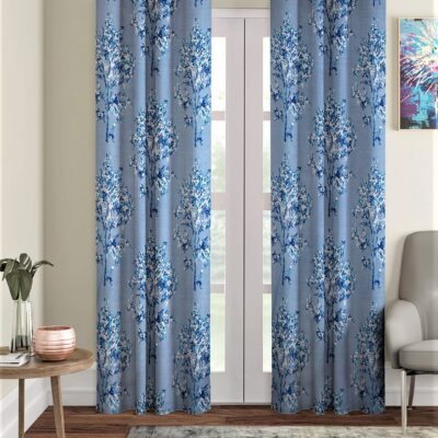 Stylish Blue Eyelet Door Curtains: Floral Polyester String Design (Pack of 2)