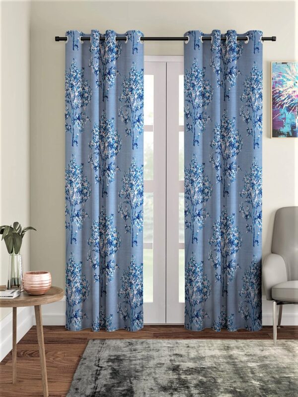 Stylish Blue Eyelet Door Curtains: Floral Polyester String Design (Pack of 2)