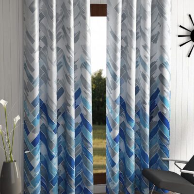 Stylish Blue Geometrical Eyelet Door Curtains – 7 Feet Polyester Panels