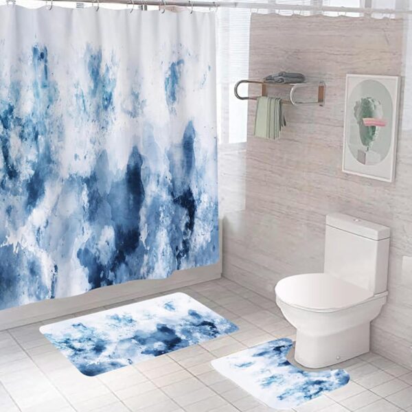 Stylish Blue Marble Shower Curtain & Anti-Slip Bathroom Mat Set (3pc)