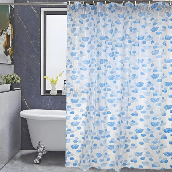 Stylish Blue PVC Floral Shower Curtain with Hooks - Washable & Durable