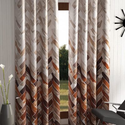 Stylish Brown Geometrical Eyelet Door Curtains – 7 Feet Polyester Panels