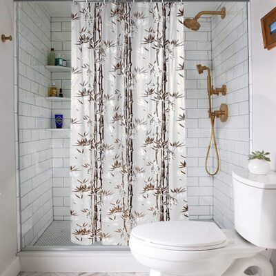 Stylish PVC Waterproof Brown Bamboo Shower Curtain Set with Hooks – Pack of 2