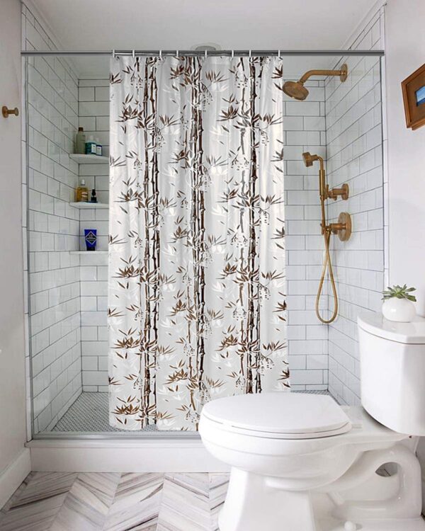 Stylish PVC Waterproof Brown Bamboo Shower Curtain Set with Hooks - Pack of 2