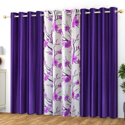 Stylish Purple Polyester Eyelet Curtains: Light-Filtering Floral and Plain Combo Pack