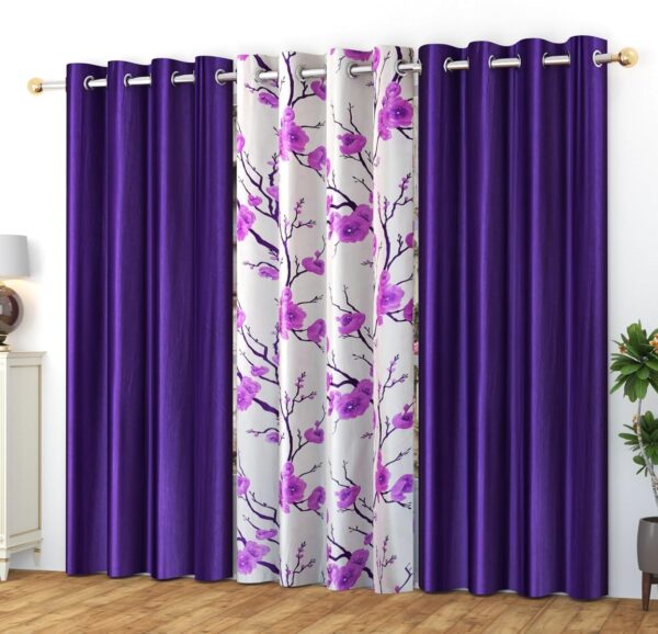 Stylish Purple Polyester Eyelet Curtains: Light-Filtering Floral and Plain Combo Pack