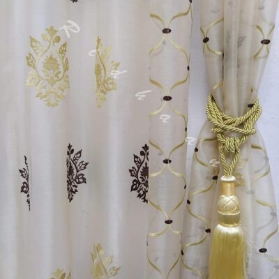 Stylish RIDHAAN Coffee and Golden Voile Curtains with Tie Back – 7 Feet