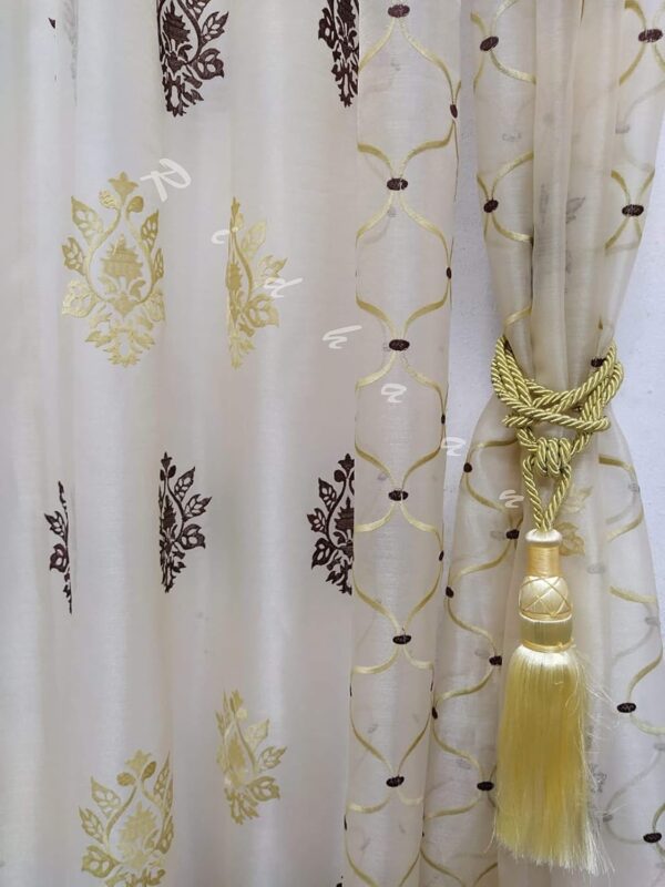 Stylish RIDHAAN Coffee and Golden Voile Curtains with Tie Back - 7 Feet