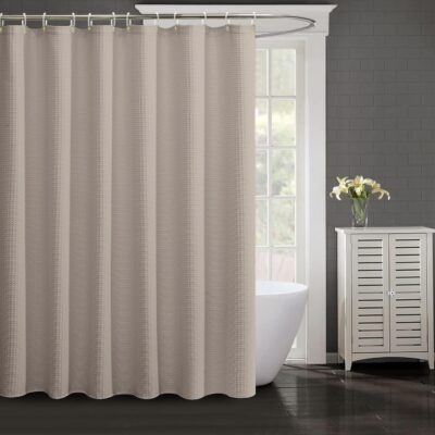 Stylish Waffle Weave Shower Curtain: Waterproof Grey Fabric with Hooks