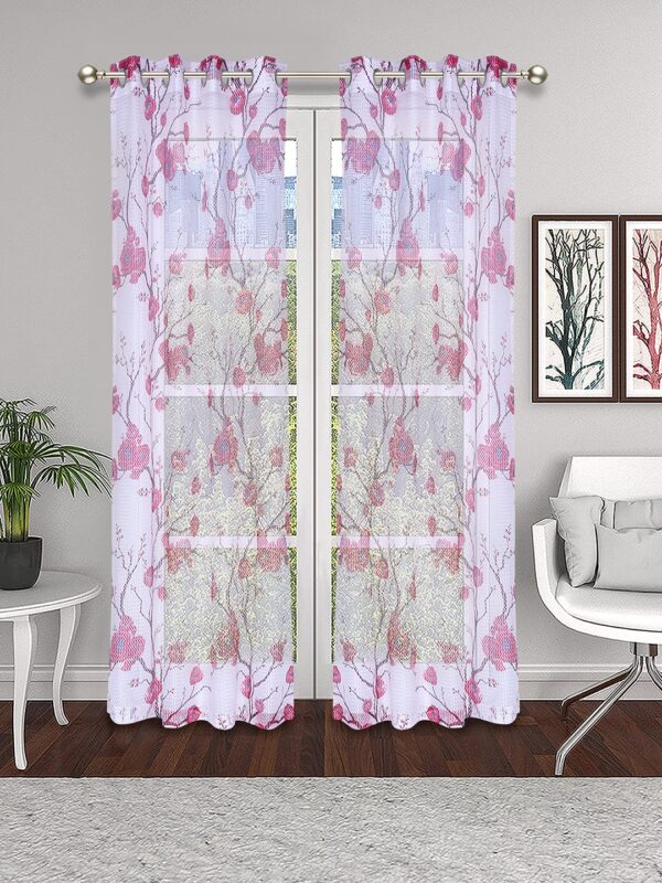 Stylish Wine Color Floral Eyelet Door Curtains - Set of 2 Pcs