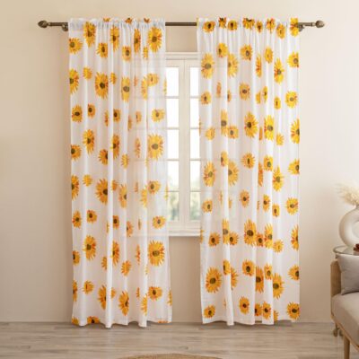 Sun Flower Printed Curtains – Luxury Light Filtering 7 Feet Cotton Drapes Set