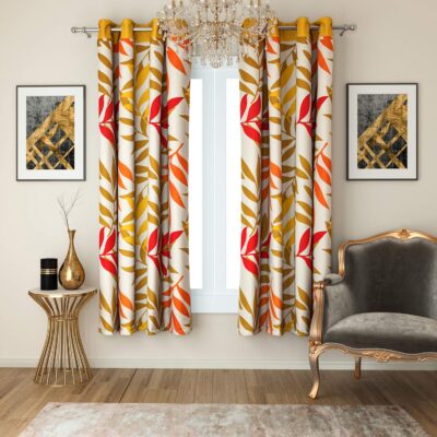 Swayam 100% Cotton Yellow Floral Curtains with Lining – Noise Dampening 2PC Set