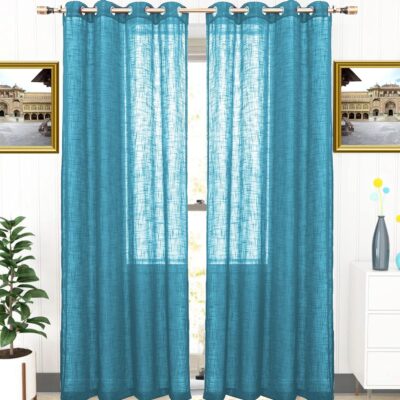 Trendy House Teal Cotton Linen Curtains with Eyelet Rings – Pack of 2