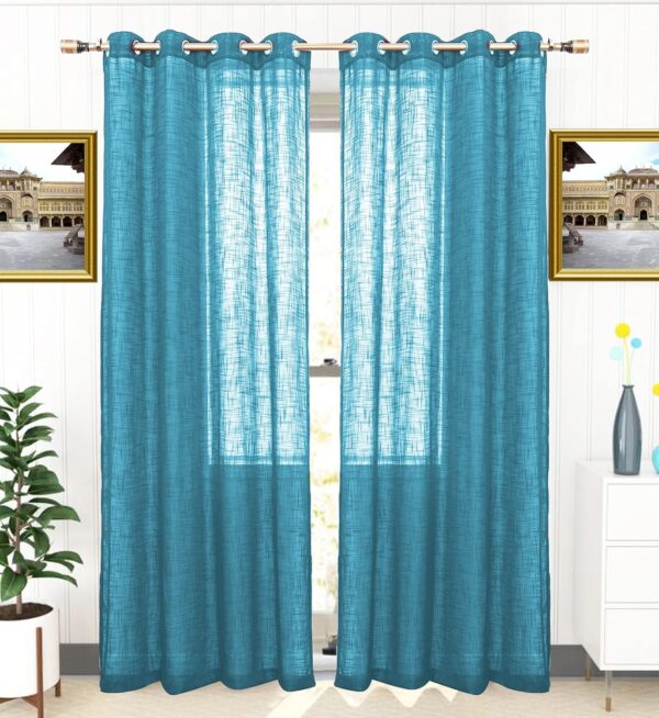 Trendy House Teal Cotton Linen Curtains with Eyelet Rings - Pack of 2