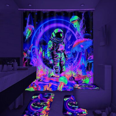 Trippy Blacklight Astronaut Shower Curtain Set for Kids’ Cool Bathroom Decor