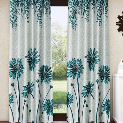 Turquoise Green Sunflower Eyelet Door Curtains – 2 Pieces, 7 Feet Long