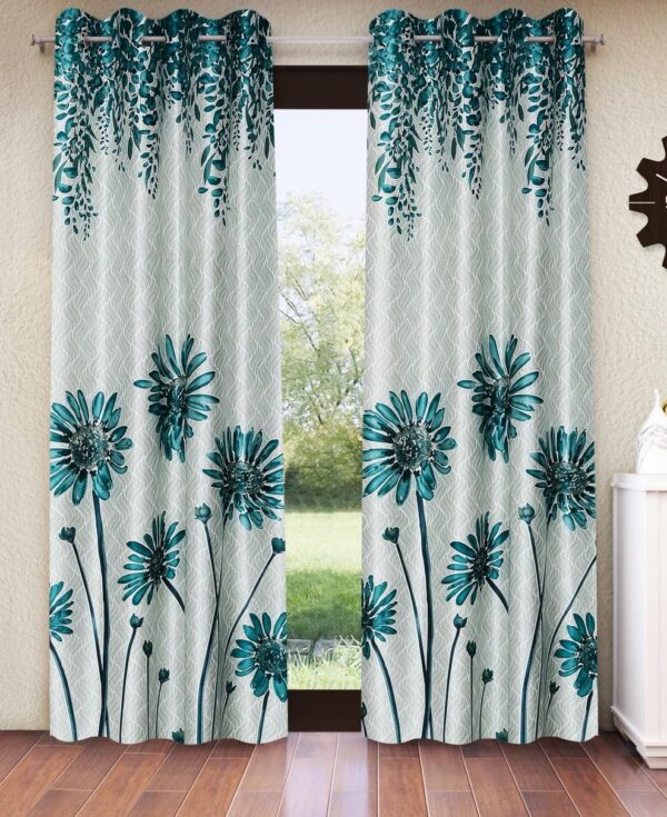 Turquoise Green Sunflower Eyelet Door Curtains - 2 Pieces, 7 Feet Long