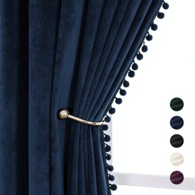 Umi Velvet Blue Blackout Door Curtains with Pom Pom Lace – 4×7 Feet