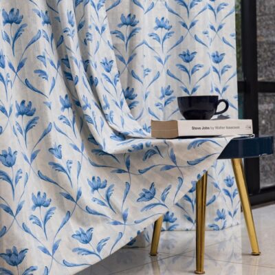 Urban Space Water Lily Blue Cotton Curtains – Stylish Light-Filtering Room Darkening