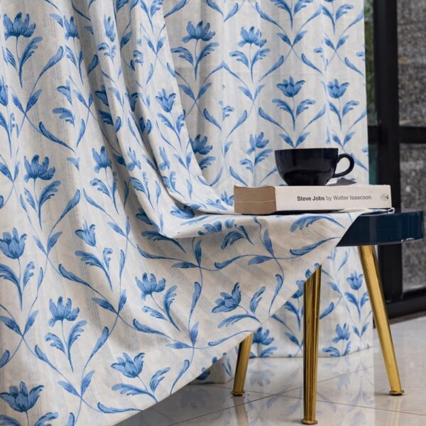 Urban Space Water Lily Blue Cotton Curtains - Stylish Light-Filtering Room Darkening