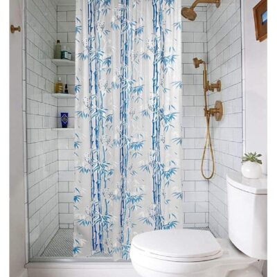 Washable Blue PVC Shower Curtain with Hooks – 7 Feet Long and Durable