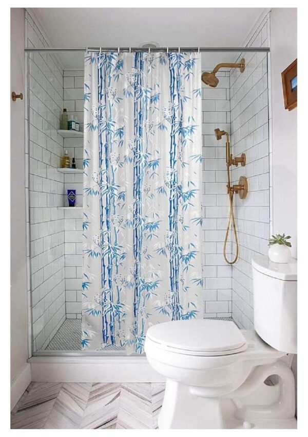 Washable Blue PVC Shower Curtain with Hooks - 7 Feet Long and Durable