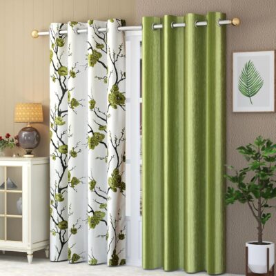 YUKANY 8 Feet Green Polyester Door Curtains – Floral & Plain Set