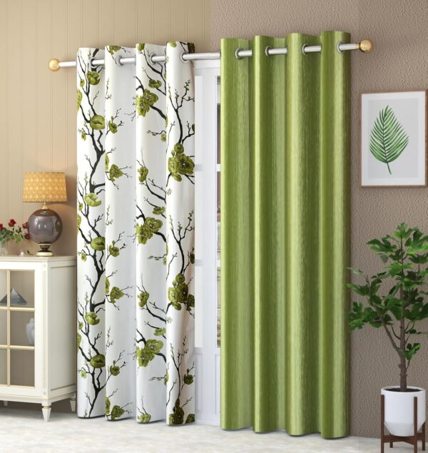 YUKANY 8 Feet Green Polyester Door Curtains - Floral & Plain Set