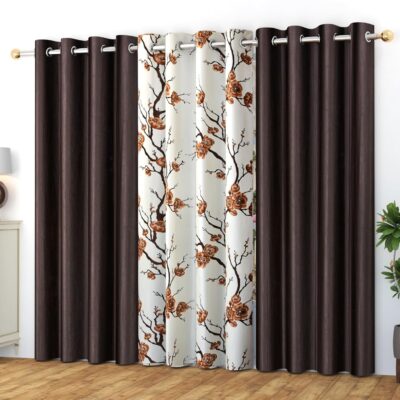 Yarnis Coffee Brown Eyelet Curtains: Light-Filtering Polyester Combo Pack of 3